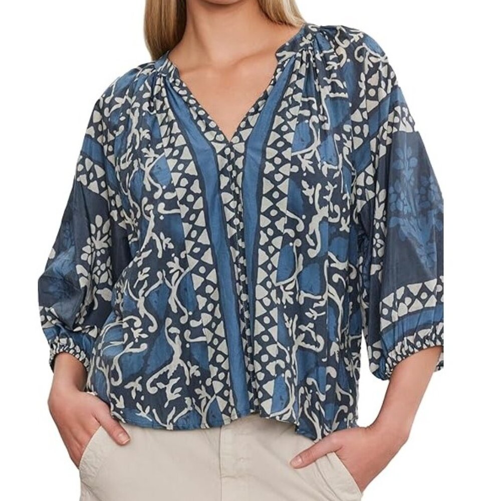 NWT Velvet by Graham & Spencer Women's Dayana Printed Silk Cotton Voile Top (M)